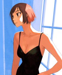 1girl absurdres black_dress breasts brown_hair cleavage collarbone dress hekoko highres looking_to_the_side original parted_lips short_hair solo spaghetti_strap