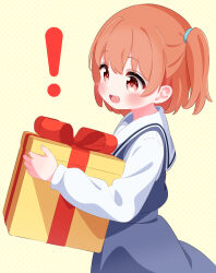 ! 1girl birthday blue_dress blush dress fang gift highres holding holding_gift hoshino_hinata long_sleeves open_mouth polka_dot polka_dot_background ponytail r245 red_eyes red_hair school_uniform shirt short_hair side_ponytail sleeveless sleeveless_dress smile standing upper_body watashi_ni_tenshi_ga_maiorita! white_shirt yellow_background
