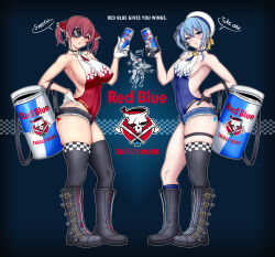 1girl ass_tattoo asymmetrical_legwear blue_eyes blue_hair breasts can denim denim_shorts energy_drink eyepatch halter_leotard halterneck heart highleg highleg_leotard highres holding holding_can hololive hoshimachi_suisei houshou_marine large_breasts leotard long_hair micro_shorts race_queen red_bull red_eyes red_hair short_shorts shorts sideboob single_thighhigh small_breasts star_(symbol) thigh_strap thighhighs virtual_youtuber yellow_eyes zx_(crespirit)