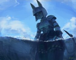 1girl animal_ears anticuadoknight blue_sky blunt_bangs blunt_ends bob_cut breasts cat_ears cat_girl cat_tail cloud commentary cowboy_shot crop_top english_commentary highres humanoid_robot joints micro_shorts ocean partially_submerged partially_underwater_shot robo-fortune robot robot_girl robot_joints short_hair shorts skullgirls sky solo tail underboob water wet yellow_eyes
