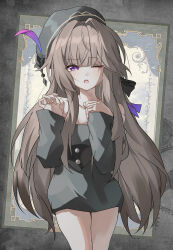 1girl absurdres alternate_costume black_hat black_shirt brown_hair commentary_request cowboy_shot doll_joints evzeva hat herta_(honkai:_star_rail) herta_(puppet)_(honkai:_star_rail) highres honkai:_star_rail honkai_(series) joints long_hair looking_at_viewer off-shoulder_shirt off_shoulder one_eye_closed open_mouth purple_eyes shirt solo