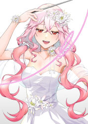 1girl bare_shoulders blush breasts cleavage conductor conductor_baton dress flower guilty_crown hair_flower hair_ornament hairclip highres long_hair pink_hair red_eyes sarina_(tosiyukiryousuke) smile solo twintails upper_body white_dress yuzuriha_inori