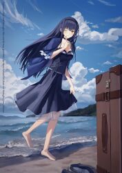 1girl absurdres barefoot beach black_hairband blue_camisole blue_capelet blue_choker blue_skirt blush breasts camisole capelet choker cleavage closed_mouth collarbone commentary_request commission day english_text finger_to_mouth frilled_capelet frills full_body hairband highres horizon kushima_kamome long_hair looking_at_viewer medium_skirt ocean one_eye_closed oshakep outdoors rolling_suitcase sand second-party_source shoes shore skirt sky solo standing suitcase summer_pockets unworn_shoes water waves yellow_eyes