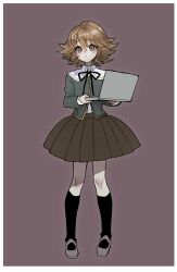 1boy :&lt; black_ribbon black_socks blush border brown_background brown_eyes brown_hair brown_shoes brown_skirt computer crossdressing danganronpa:_trigger_happy_havoc danganronpa_(series) dot_nose flipped_hair fujisaki_chihiro full_body green_jacket hair_between_eyes highres holding holding_laptop jacket laptop male_focus mary_janes neck_ribbon ribbon sen_(aypj8447) shirt shoes skirt socks thighs trap white_border white_shirt