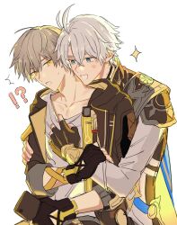 !? 2boys ^^^ antenna_hair arm_ribbon armor black_coat black_gloves blue_cape blue_eyes blush body_markings caelus_(honkai:_star_rail) cape cellphone coat collarbone commentary_request crossed_bangs fingerless_gloves fingernails gloves grey_hair hair_between_eyes highres holding holding_another&#039;s_wrist holding_phone honkai:_star_rail honkai_(series) hood hooded_coat jacket lapels long_sleeves looking_at_another male_focus multiple_boys open_clothes open_coat phainon_(honkai:_star_rail) phone pocket_watch ribbon sasai20240804 shirt short_hair shoulder_armor simple_background smartphone smile sparkle sun_symbol sweatdrop t-shirt teeth trailblazer_(honkai:_star_rail) two-sided_cape two-sided_coat two-sided_fabric upper_body watch white_background white_hair white_jacket white_shirt yaoi yellow_cape yellow_coat yellow_eyes