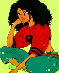 Rule 34 | 1girl, black hair, blue pants, bracelet, commentary request, crop top, curly hair, dark-skinned female, dark skin, fluffy hair, green shoes, head on hand, highres, jewelry, katseye, korean commentary, manon (katseye), pants, real life, red lips, red shirt, seeds 00, shirt, shoes, signature, sitting, smile, solo, yellow background