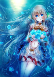 1girl bare_shoulders blue_eyes blue_flower blue_theme brown_hair ciel_nosurge clip_studio_paint_(medium) cowboy_shot flower holding holding_flower ionasal_kkll_preciel light_blush long_hair looking_at_viewer mogupon navel pleated_skirt skirt smile solo surge_concerto very_long_hair