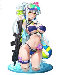 Rule 34 | 1girl, assault rifle, bikini, blue bikini, commentary, cross-laced bikini, cross-laced clothes, english commentary, eyepatch bikini, girls&#039; frontline, girls&#039; frontline 2: exilium, gun, h&amp;k hk416, highres, hk416 (girls&#039; frontline), jestami, klukai (cerulean breaker) (girls&#039; frontline 2), klukai (girls&#039; frontline 2), navel, official alternate costume, rifle, solo, swimsuit, tattoo, teardrop facial mark, teardrop tattoo, visor cap, weapon
