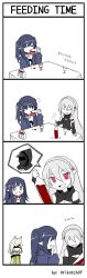 1other 3girls animal_ears arknights black_choker black_jacket blood bottle braid cat_ears choker closure_(arknights) colored_skin cross_hair_ornament crown_braid cup doctor_(arknights) dress drinking_glass drooling english_text fang green_dress hair_ornament highres jacket kal&#039;tsit_(arknights) milk_carton multiple_girls off-shoulder_jacket off_shoulder open_clothes open_jacket pale_skin pointy_ears red_eyes rikotch07 signature skin_fang table tablecloth two-sided_fabric two-sided_jacket under_table vampire warfarin_(arknights) white_hair white_skin wine_bottle wine_glass