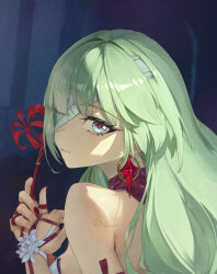 1girl artist_logo banana_(banana_2dart) bandage_over_one_eye bare_shoulders breasts closed_mouth commentary earrings fingernails flower grey_eyes grey_hair hands_up highres holding holding_flower jewelry logo long_hair looking_at_viewer looking_back medium_breasts nail_polish phrolova_(wuthering_waves) portrait red_nails solo spider_lily wuthering_waves