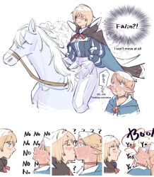 2girls black_cape black_shirt blonde_hair blue_cape blue_robe blush cape choker closed_eyes closed_mouth commentary dohwa110 dungeon_meshi elf english_text eyepatch falin_touden falin_touden_(tallman) full-face_blush green_eyes highres horseback_riding kiss long_hair long_sleeves looking_at_another multiple_girls pants pointy_ears red_choker riding robe shirt short_hair simple_background smile symbol-only_commentary two-sided_cape two-sided_fabric white_background white_pants yuri