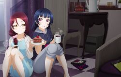 2girls :o artbook blue_dress blue_hair blush cake cake_slice checkered_floor coffee coffee_mug collarbone cup dress food fruit grey_pants hair_between_eyes hair_ornament hair_over_shoulder hair_scrunchie highres holding holding_cup holding_plate hood hood_down hoodie indoors knees_together_feet_apart long_hair looking_at_another love_live! love_live!_sunshine!! low-tied_long_hair low_ponytail mug multiple_girls non-web_source official_art open_mouth pants pants_rolled_up pink_scrunchie plate ponytail print_mug purple_eyes red_hair sakurauchi_riko scrunchie shirt short_sleeves sitting smile steam strawberry table teacup tsushima_yoshiko white_scrunchie yellow_eyes