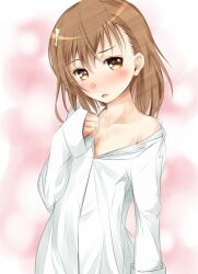 10s 1girl 2015 asymmetrical_hair blush breasts brown_eyes brown_hair cleavage collared_shirt commentary_request flower hair_between_eyes hair_flower hair_ornament hand_up head_tilt long_sleeves looking_at_viewer matching_hair/eyes medium_hair misaka_mikoto monochrome_background nose_blush open_mouth pink_background shin_(highest1192) shirt single_bare_shoulder small_breasts solo toaru_kagaku_no_railgun toaru_majutsu_no_index upper_body white_flower white_shirt