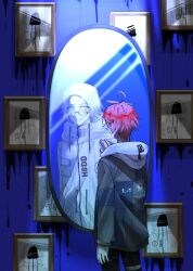 Rule 34 | 2boys, absurdres, ahoge, aotsuki eito, black gloves, black pants, breast pocket, chinese commentary, different reflection, drawstring, evil smile, glasses, gloves, grey eyes, grey hair, grey jacket, hand on mirror, highres, hood, hoodie, jacket, male focus, multiple boys, pants, pocket, portrait, red hair, reflection, short hair, smile, spoilers, sumino takumi, the hundred line -last defense academy-, tongwangmingjiedaolu, white hoodie, white jacket, wide-eyed