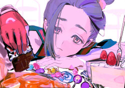 1boy absurdres black_hair cake candy chocolate chocolate_bar closed_mouth creatures_(company) food fork fruit game_freak gloves highres holding holding_candy holding_food jacket kieran_(pokemon) lollipop long_sleeves looking_at_viewer male_focus multicolored_hair nintendo orange_eyes partially_fingerless_gloves pokemon pokemon_sv purple_hair red_gloves red_tank_top single_glove solo strawberry tank_top upper_body white_jacket yuka_(0u0v)