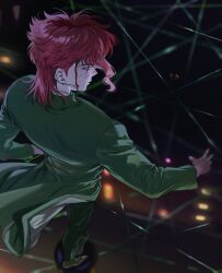 1boy blood blood_on_face coat earrings food-themed_earrings from_above gakuran green_coat green_pants hierophant_green highres jewelry jojo_no_kimyou_na_bouken kakyoin_noriaki long_bangs long_coat long_sleeves male_focus night og_man pants red_hair scar scar_across_eye scar_on_face school_uniform solo stand_(jojo) standing stardust_crusaders