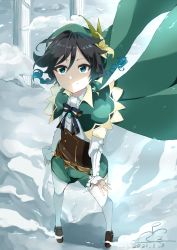 1boy absurdres androgynous beret black_hair blue_hair bow braid brooch cape closed_mouth collared_cape collared_shirt corset flower frilled_sleeves frills from_above gem genshin_impact gradient_hair green_eyes green_hat green_shorts hat hat_flower highres jewelry kurorin5 leaf long_sleeves looking_at_viewer looking_up male_focus multicolored_hair pantyhose pillar shirt shoes short_hair_with_long_locks shorts snow solo twin_braids venti_(genshin_impact) vision_(genshin_impact) white_flower white_pantyhose white_shirt
