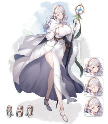 Rule 34 | 1girl, absurdres, alicia (baketsu), anklet, baketsu, breasts, commentary request, covered navel, dress, elf, from side, gold trim, grey eyes, hand on own chest, high heels, highres, holding, holding staff, jewelry, large breasts, long dress, long hair, long legs, long sleeves, looking at viewer, multiple expressions, original, pointy ears, puffy long sleeves, puffy sleeves, shoes, sideboob, solo, staff, taut clothes, taut dress, walking, white dress, white hair, white shoes