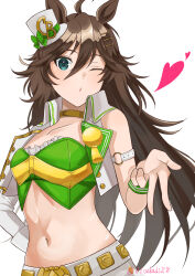 1girl absurdres ahoge animal_ears arm_strap blowing_kiss breasts brown_hair buttons cropped_jacket cropped_shirt green_shirt hat heart highres horse_ears horse_girl jacket long_hair looking_at_viewer midriff mini_hat mini_top_hat mr._c.b._(umamusume) navel norimi_(01norimi28) one_eye_closed open_clothes open_jacket shirt simple_background single_sleeve small_breasts solo top_hat umamusume upper_body white_hat white_jacket