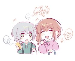 ! 2girls :d ^_^ brown_hair closed_eyes collared_shirt commentary dress green_eyes green_shirt grey_hair hashtag-only_commentary hinomori_shiho looking_at_another mochizuki_honami multiple_girls open_mouth pink_shirt project_sekai shirt short_hair side_ponytail simple_background smile spoken_exclamation_mark spoken_expression u_u white_background white_dress woodonly