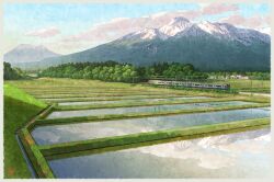 blue_sky border building cloud commentary day field forest grass grey_border house japan landscape mountain mugumo_24k nature no_humans original outdoors power_lines railroad_tracks reflection reflective_water rice_paddy scenery sky train tree