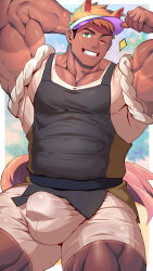 1boy animal_ears apron armpits bara belt biceps black_apron blonde_hair blurry blurry_background bulge chinese_commentary commentary_request dark_skin earrings firenzesaika golden_ryder_(xxl) hat highres horse_boy horse_ears horse_tail jewelry large_pectorals looking_at_viewer male_focus mature_male multiple_animal_ears muscular muscular_male one_eye_closed pectorals shirt shorts sleeveless smirk solo sparkle spiked_hair tail tan tank_top tanline thick_arms thick_thighs thighs tight_clothes visor_cap white_shirt white_shorts xxl_woofia