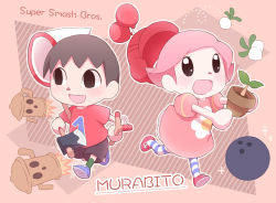 1boy 1girl :d animal_crossing axe bad_id bad_pixiv_id ball balloon bowling_ball brown_hair butterfly_net character_name dress floral_print flower_pot hand_net helmet mary_janes nintendo open_mouth pink_hair sapling shiny_skin shirt shoes short_hair shorts slingshot_(weapon) smile socks solid_oval_eyes striped_clothes striped_legwear striped_socks super_smash_bros. t-shirt turnip unworn_headwear unworn_helmet villager_(animal_crossing) weapon