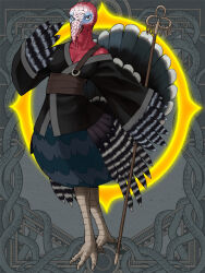 bald beak bird_girl black_kimono breasts cleavage colored_skin dairoku_ryouhei feathers full_body furry grey_background hachi8mix japanese_clothes kimono looking_at_viewer medium_breasts red_skin shakujou staff standing turkey_(bird) turkey_girl