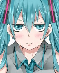 Rule 34 | 1girl, aqua eyes, aqua hair, aqua necktie, bad id, bad pixiv id, bare shoulders, grey hair, hatsune miku, jitome, jukuo, long hair, looking at viewer, necktie, shirt, simple background, sleeveless, sleeveless shirt, solo, twintails, upper body, vocaloid, white background
