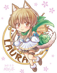 1girl akihara_ryou animal_ears artist_name backpack bag breasts cat cat_ears cat_girl cat_tail character_name chibi coin dated gem green_bag iris_mysteria! large_bag large_breasts laura_kelyrie looking_at_viewer miniskirt money shoes skirt tail