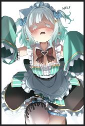 1girl absurdres apron aqua_dress aqua_hair black_skirt blue_eyes bow breasts brown_bow cleavage detached_collar dress fang frilled_skirt frills ghostenjoyerguy7007 gradient_hair grey_hair highres indie_virtual_youtuber maid_apron maid_headdress medium_breasts mint_fantome mint_fantome_(minto_2.0) multicolored_hair open_mouth pointy_ears single_thighhigh skin_fang skirt sleeves_past_fingers sleeves_past_wrists solo thighhighs triangular_headpiece two_side_up virtual_youtuber waist_apron white_apron white_thighhighs