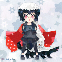 animal badger_ears badger_girl badger_tail bandaid bandaid_on_face bandaid_on_nose black_hair blush_stickers chibi creature_and_personification crossed_arms full_body grey_hair honey_badger jacket kemono_friends kikuchi_milo leggings legs_apart long_hair long_sleeves looking_at_viewer multicolored_hair open_clothes open_jacket open_mouth personification ratel_(kemono_friends) red_eyes shirt shoes skirt standing twitter_username v-shaped_eyebrows very_long_hair white_hair