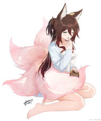 1girl absurdres animal_ear_fluff animal_ears auui bare_legs barefoot breasts brown_hair collarbone comb commentary_request dated fox_ears fox_girl fox_tail full_body green_eyes grey_jacket half-closed_eye highres holding holding_comb honkai:_star_rail honkai_(series) jacket kitsune kyuubi long_hair long_sleeves medium_breasts multiple_tails one_eye_closed open_clothes open_jacket open_mouth ponytail puffy_long_sleeves puffy_sleeves shirt signature simple_background sitting solo tail tingyun_(honkai:_star_rail) very_long_hair white_background white_shirt yawning yokozuwari