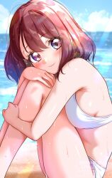 1girl alternate_costume beach bikini blue_sky blush breasts cloud cloudy_sky day hair_ornament hairclip hanadera_nodoka healin&#039;_good_precure highres kakikakilemon legs_together looking_at_viewer medium_breasts outdoors pink_eyes pink_hair precure sand short_hair sitting sky smile solo swimsuit water wet white_bikini