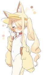 1girl absurdres adjusting_eyewear animal_ear_fluff animal_ears arm_up bare_shoulders blonde_hair blue_archive closed_mouth covered_navel cross_halo diamond_cutout dot_mouth extra_ears flat_chest fox_ears fox_girl fox_tail groin hair_over_one_eye halo hand_on_eyewear hand_up highleg highleg_one-piece_swimsuit highres jacket loli long_hair long_sleeves looking_at_viewer off_shoulder one-piece_swimsuit one_eye_covered open_clothes open_jacket orange-tinted_eyewear qz seia_(blue_archive) seia_(swimsuit)_(blue_archive) side_ponytail simple_background sleeves_past_wrists solo standing sunglasses swimsuit tail thighs tinted_eyewear very_long_hair visor_cap white_background white_one-piece_swimsuit yellow_eyes yellow_halo yellow_jacket yellow_visor