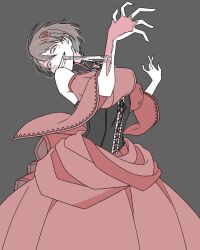 akujiki_musume_conchita_(vocaloid) banica_conchita bare_shoulders black_choker black_corset body_horror breasts brown_background brown_hair choker clenched_teeth corset crazy_eyes crazy_grin detached_sleeves dress evillious_nendaiki flayed_skin flower gem green_gemstone guro highres large_breasts meiko_(vocaloid) pale_skin red_dress red_eyes red_flower red_rose rose self-cannibalism short_hair skinned sorn_somnang teeth underbust vocaloid vore wide_sleeves