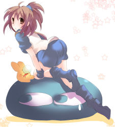 1girl arle_nadja ass blob blue_skirt boots brown_eyes brown_hair carbuncle_(puyopuyo) creature female_focus half_updo kurohara_yuu looking_back madou_monogatari nose_bubble puyo_(puyopuyo) puyopuyo short_hair skirt solo white_background wrist_cuffs