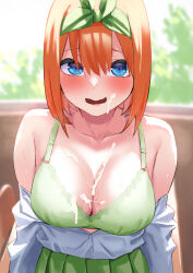 1girl amog bare_shoulders blue_eyes blush bra breasts cleavage collarbone commentary_request cum cum_on_body cum_on_breasts cum_on_upper_body facial_hair frown go-toubun_no_hanayome green_bra green_ribbon green_skirt hair_ribbon highres indoors long_sleeves looking_at_viewer nakano_yotsuba off_shoulder open_clothes open_mouth open_shirt orange_hair paid_reward_available pleated_skirt ribbon shirt short_hair skirt solo underwear upper_body white_shirt
