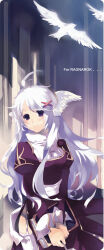 1girl ahoge bird book closed_mouth commentary_request cowboy_shot dress garter_straps grey_background hair_ornament high_priest_(ragnarok_online) highres holding holding_book long_hair looking_at_viewer maruko purple_dress purple_eyes ragnarok_online sash smile solo thighhighs two-tone_dress white_bird white_dress white_hair white_sash white_thighhighs x_hair_ornament