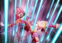 1girl absurdres armpits back_bow barbed_wire beaten blush body_blush bound bound_arms bound_legs bound_thighs bound_torso bound_wrists bow breasts brooch bruise bruise_on_arm bruise_on_face bruise_on_leg bruise_on_stomach clenched_hands closed_eyes clover clover_rose collared_dress cowboy_shot detached_sleeves dirty dirty_clothes dress eyebrows_hidden_by_hair feet_out_of_frame flower four-leaf_clover gloves hair_flower hair_ornament hairband hanging highres immobilization injury jewelry koeda0111 lace lace-trimmed_dress lace_trim long_sidelocks lying magical_girl miniskirt multicolored_dress multicolored_skirt navel on_back open_mouth original outstretched_arms pain panties pantyshot peril pink_dress pink_hair pink_skirt pleated_skirt purple_background red_bow red_brooch red_hairband restrained ryona saliva scratches short_dress short_hair_with_long_locks sidelocks skirt sleeveless sleeveless_dress small_breasts spread_arms spread_legs suspension teeth thighhighs tied_up_(nonsexual) tongue torn torn_bow torn_clothes torn_dress torn_skirt torn_sleeves torn_thighhighs underwear utsugi_chisaki very_long_sidelocks violence white_panties yotsuba_no_senki_clover_rose zettai_ryouiki