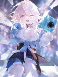 1girl 2025 black_choker black_corset blue_skirt bra_strap breasts camera choker corset flower_ornament hashtag-only_commentary highres holding holding_camera honkai:_star_rail honkai_(series) illust_riry jacket long_sleeves march_7th_(honkai:_star_rail) march_7th_(preservation)_(honkai:_star_rail) medium_breasts medium_hair miniskirt off-shoulder_jacket off_shoulder one_eye_closed open_mouth pink_eyes pink_hair shirt signature sitting skirt smile solo teeth tied_jacket twitter_username underbust upper_teeth_only white_shirt