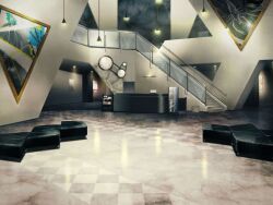 Rule 34 | analog clock, artist request, bench, ceiling light, checkered floor, clock, desk, escalator, game cg, hallway, indoors, magia record: mahou shoujo madoka magica gaiden, mahou shoujo madoka magica, museum, no humans, official art, painting (object), pillar, scenery, tile floor, tiles