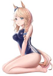 1girl absurdres animal_ears bare_legs barefoot between_legs blonde_hair blue_bow blue_eyes blue_one-piece_swimsuit blush bow braid breasts commentary_request competition_school_swimsuit ear_bow feet from_side full_body gibun_(sozoshu) gold_city_(umamusume) hair_ornament hair_scrunchie hand_between_legs highres horse_ears horse_girl horse_tail large_breasts long_hair looking_at_viewer one-piece_swimsuit parted_bangs parted_lips school_swimsuit scrunchie side_braid single_braid solo swept_bangs swimsuit tail thighs transparent_background umamusume v_arms wet wet_clothes wet_swimsuit