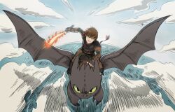 1boy armor black_eyes brown_hair cloud colored_sclera commentary dragon fingerless_gloves fire flaming_sword flaming_weapon gloves green_eyes green_sclera hiccup_horrendous_haddock_iii highres holding holding_sword holding_weapon how_to_train_your_dragon_(series) how_to_train_your_dragon_2 leather_armor male_focus motion_lines ocean pencilman_draws riding_dragon smile speed_lines sword toothless v-shaped_eyebrows weapon
