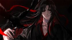 1boy bird bishounen black_background black_hair black_hanfu chinese_clothes coat collarbone crow grey_coat hair_down hair_ribbon half_updo hand_up hanfu holding holding_ribbon kdzjenwmeifahyi long_hair long_sleeves looking_at_viewer male_focus modao_zushi non-web_source official_alternate_costume official_alternate_hairstyle parted_bangs parted_lips red_eyes red_hair red_ribbon ribbon smile solo upper_body wei_wuxian wei_wuxian_(yiling_laozu)