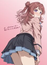 1girl absurdres ass blazer breasts from_behind gakuen_idolmaster hanami_saki highres idolmaster jacket long_hair looking_at_viewer medium_breasts pink_background pleated_skirt purple_eyes red_hair skirt solo thighs translation_request twintails zaofeng