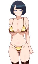 1girl alternate_costume arched_bangs bikini black_hair blunt_bangs blush_stickers breasts bright_pupils brown_thighhighs collarbone commentary_request gluteal_fold gold_bikini groin gundam gundam_gquuuuuux highres large_breasts light_smile looking_at_viewer micro_bikini namidame navel shiiko_sugai short_hair simple_background stomach string_bikini swimsuit thighhighs transparent_background white_pupils