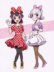 2girls black_hair bow daisy_duck dress gloves hair_bow highres humanization looking_at_viewer mickey_mouse_&amp;_friends minnie_mouse multiple_girls open_mouth pantyhose polka_dot polka_dot_bow polka_dot_dress polka_dot_skirt ponytail shirt short_hair skirt smile user_kpmd3857