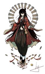 1boy absurdres bamboo_slips bandaged_hand bandages black_eyes black_hair black_pants black_shoes blood blood_on_clothes chinese_commentary closed_mouth coat coin collarbone creature dao_gui_yi_xian eyeball full_body gourd hair_between_eyes hair_bun hair_ribbon half_updo highres holed_coin li_huowang li_sui_(tentacles) long_hair long_sleeves looking_at_viewer male_focus navel open_clothes open_robe outstretched_hand pants partially_undressed patchwork_skin red_eyes red_ribbon red_robe ribbon robe shoes signature simple_background single_hair_bun smile solo standing stitches string string_of_fate tassel torn_clothes very_long_hair weiguomanzhijueqierdanshen65962 white_background wide_sleeves