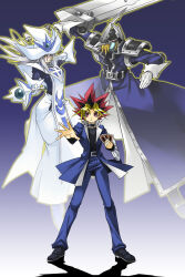 Rule 34 | 1girl, 2boys, armor, black choker, black shirt, blonde hair, blue background, blue jacket, card, choker, duel disk, duel monster, fake horns, gloves, grey hair, hat, helmet, highres, holding, holding card, holding sword, holding wand, holding weapon, horned helmet, horns, jacket, kageyama shinobi, long hair, multicolored hair, multiple boys, muto yugi, shirt, shoulder armor, silent magician, silent swordsman, sword, tabard, wand, weapon, white gloves, white hat, white tabard, wizard hat, yu-gi-oh!
